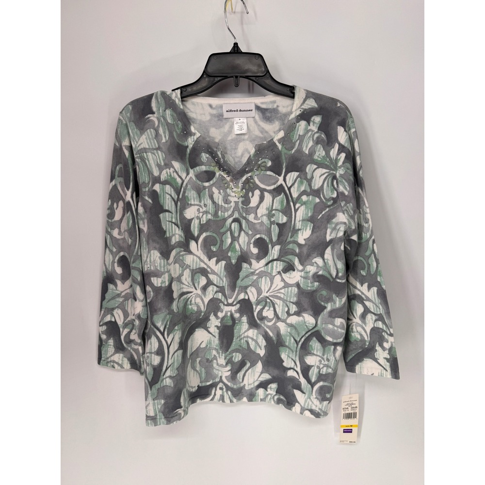 Alfred Dunner Top Women Size M Grey NWT Floral V-Neck Rhinestone 3/4 Sleeve